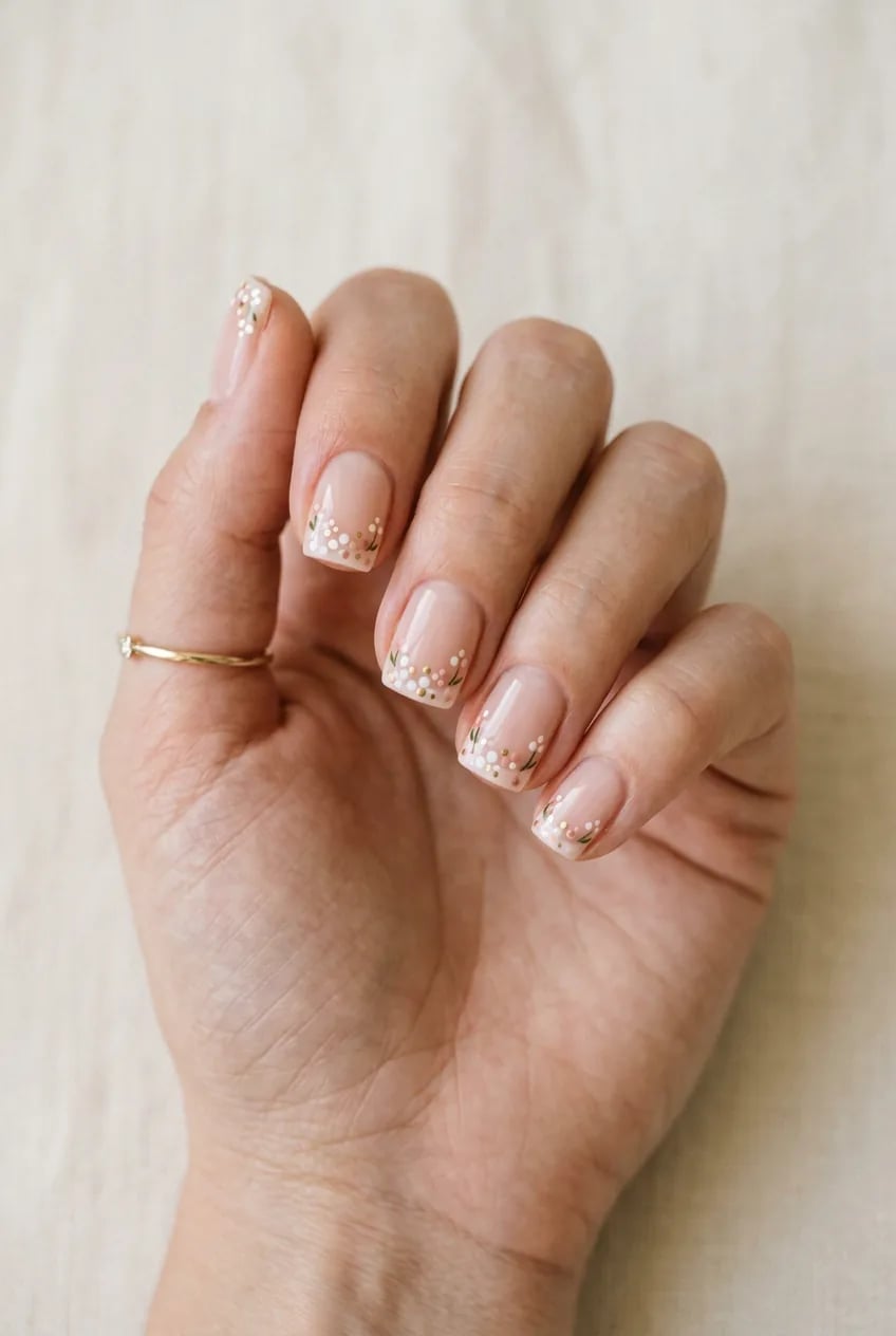 Nude French Floral Delicate Short Square Nails — Simple Short Nails