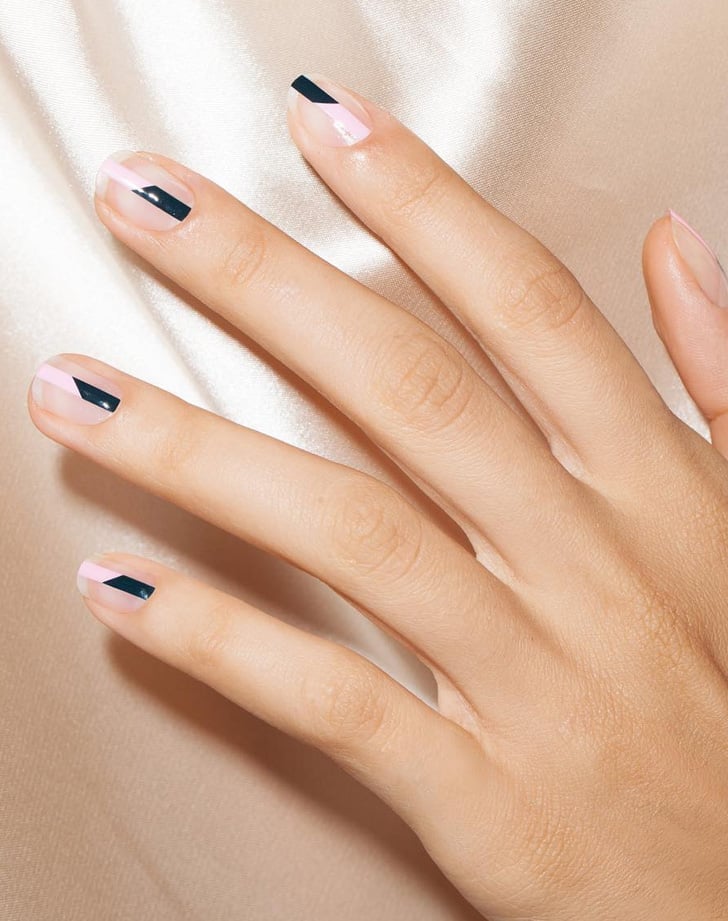 Nude Geometric Dark Blue Accent Short Square Nails — Simple Short Nails