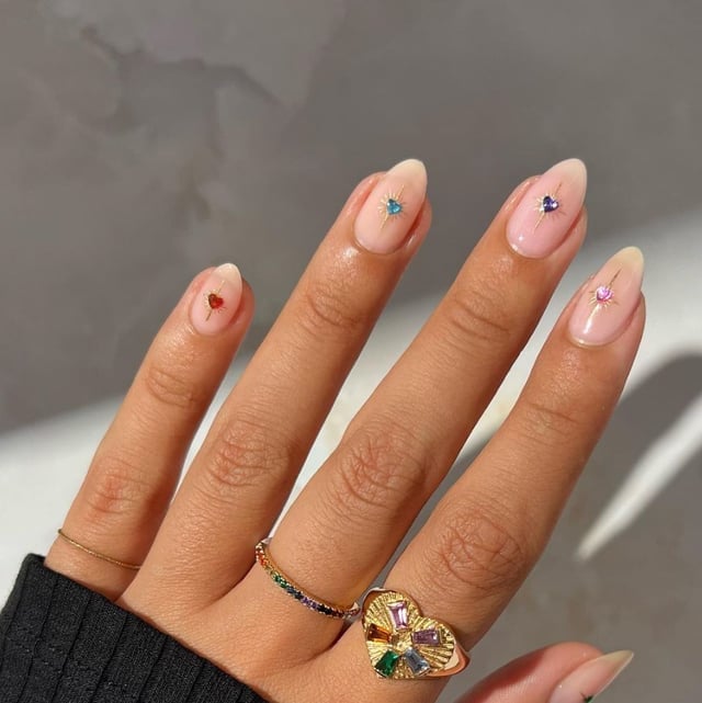 Nude Blue Floral Gold Dot Short Oval Nails — Simple Short Nails