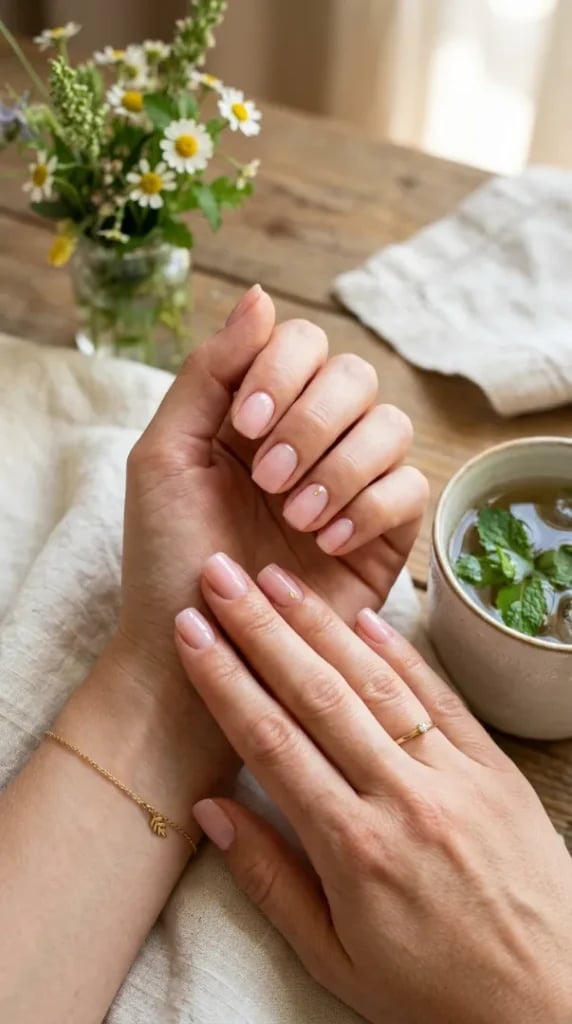 Sheer Pale Pink Rhinestone Short Oval Nails — Simple Short Nails