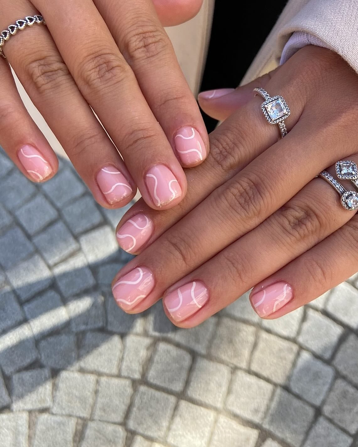 Pale Pink Swirl Lines Short Square Nails, Close-Up Take — Simple Short Nails