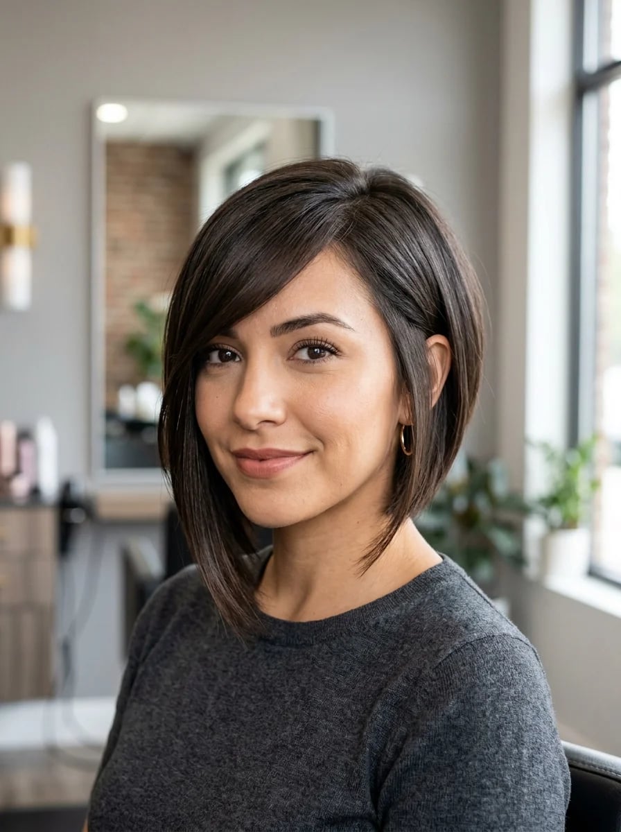 Thick Shoulder-Length Layers With Bangs, Dark Brown — Simple Side Bangs