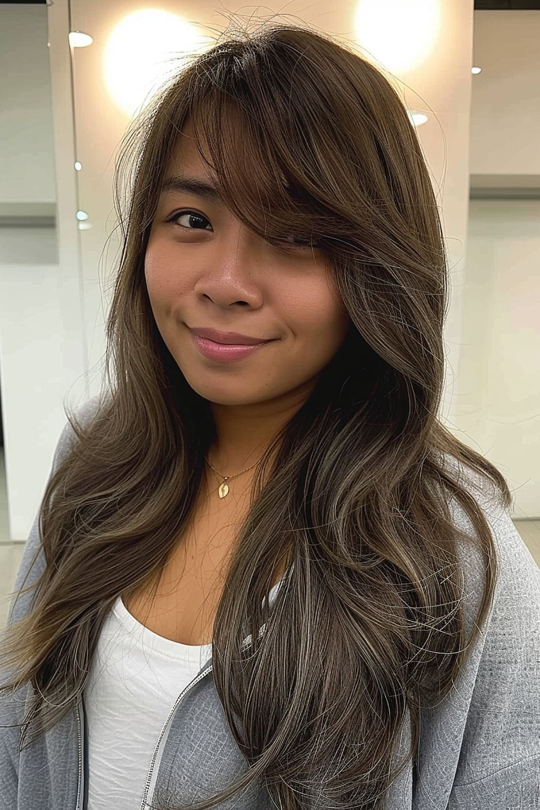 Warm Brown Mid-Back Layers With Bangs — Simple Side Bangs