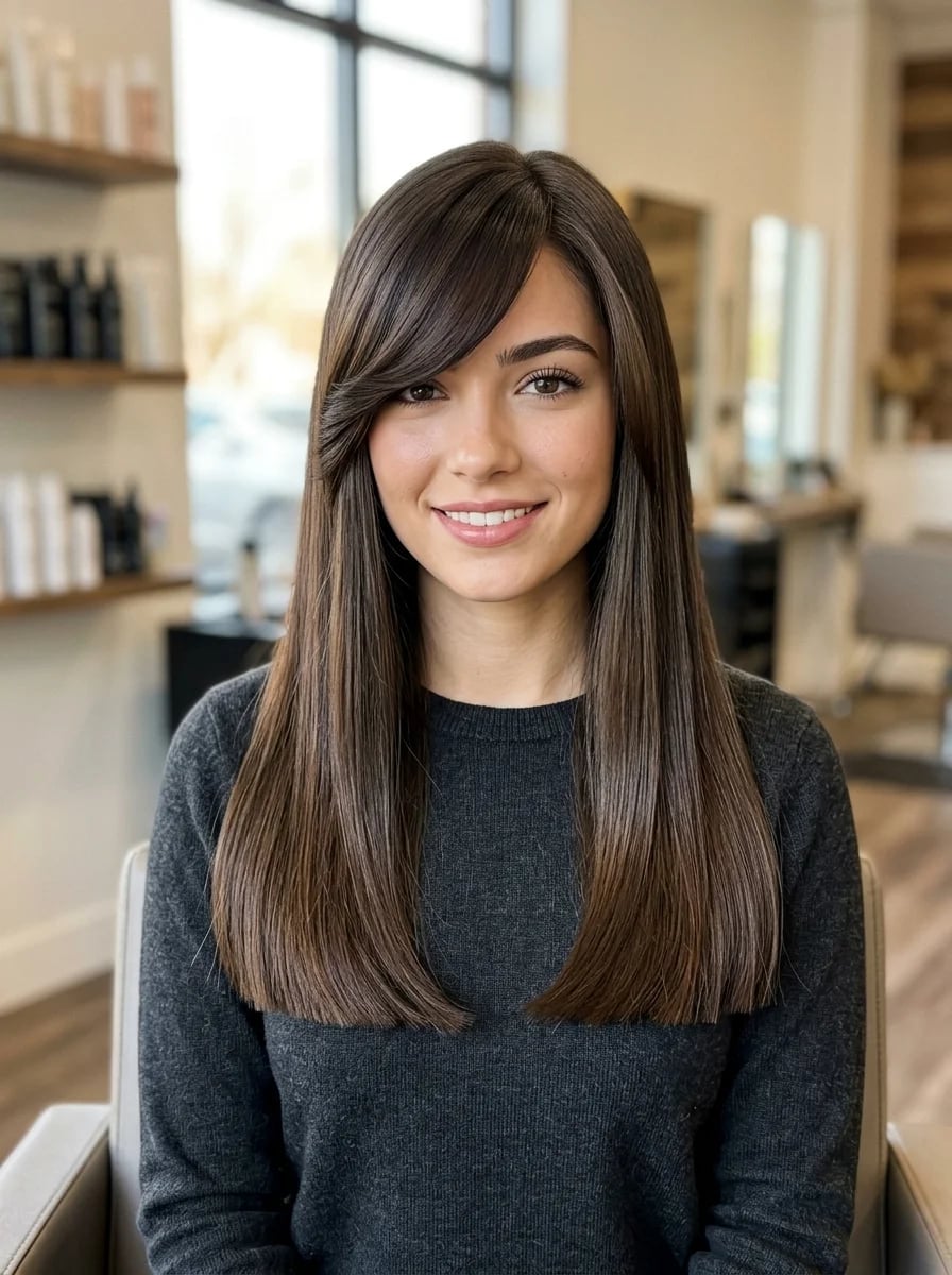Very Long Light Brown Hair With Waves — Simple Side Bangs