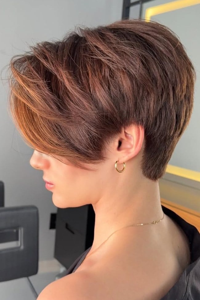 Dark Brown Pixie with Long Side Swept Fringe Dark Brown Pixie with Long Side Swept Fringe — Simple Side Bangs Hairstyles