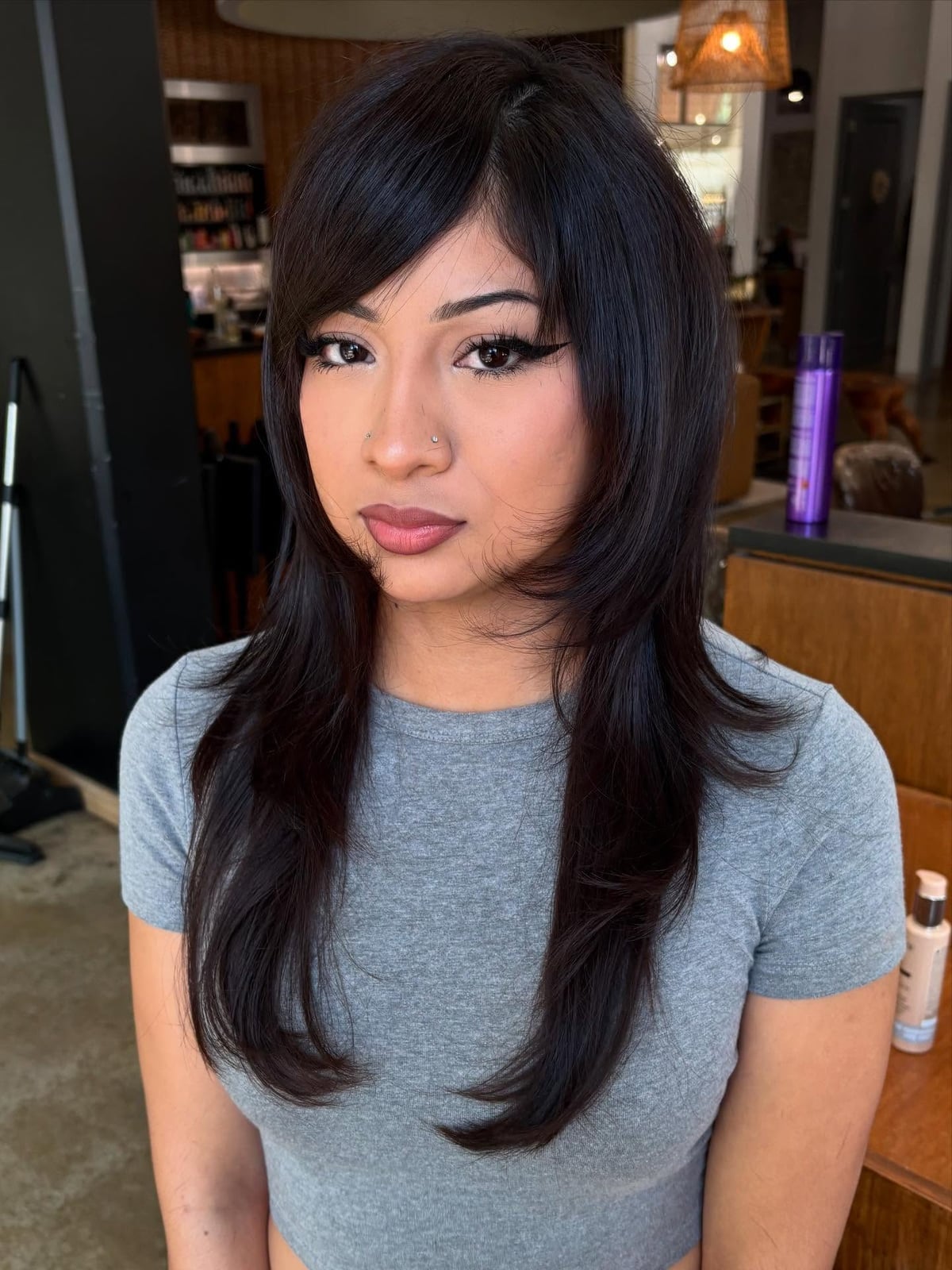 Mid-Back Dark Brown Layers with Wispy Side Bangs Mid-Back Dark Brown Layers with Wispy Side Bangs — Simple Side Bangs Hairstyles