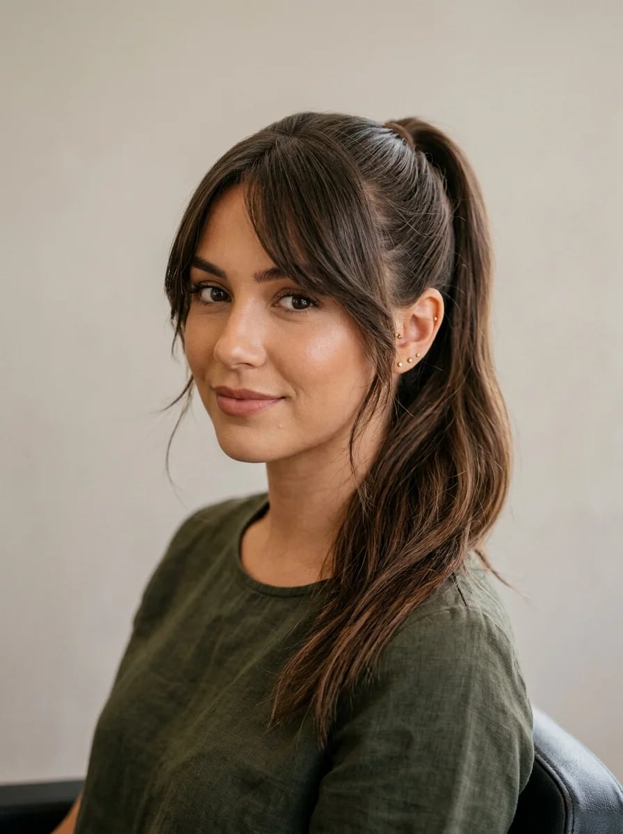 Collarbone Dark Brown With Lighter Highlights Collarbone Dark Brown With Lighter Highlights — Simple Side Part Bangs