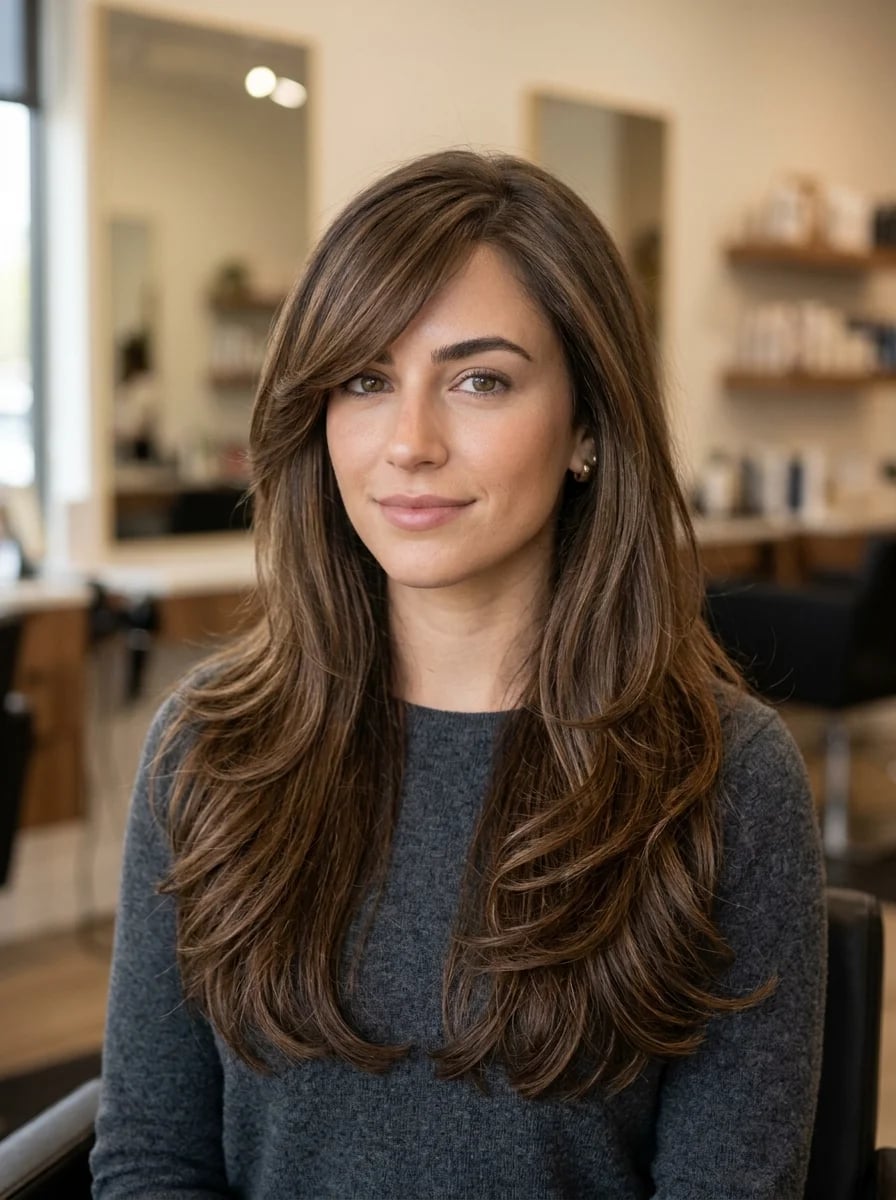 Collarbone Dark Brown With Lighter Highlights Waves, Close-Up Take Collarbone Dark Brown With Lighter Highlights Waves, Close-Up Take — Simple Side Part Bangs