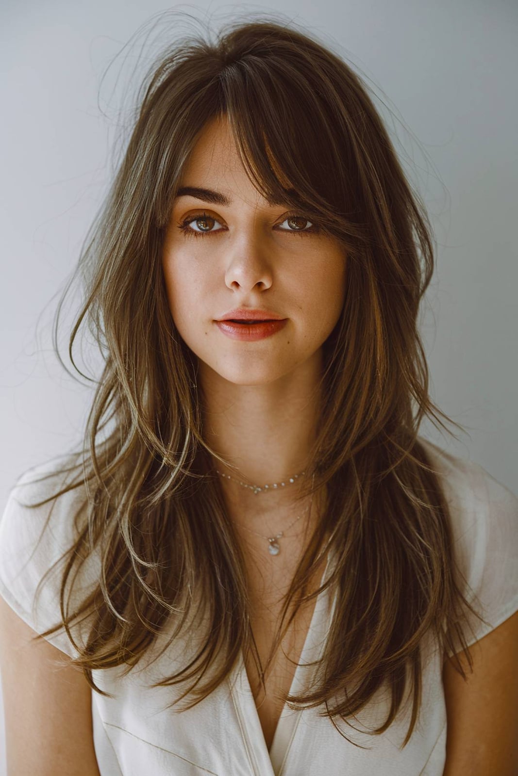 Mid-Back Layers With Brown Highlights Mid-Back Layers With Brown Highlights — Simple Side Part Bangs