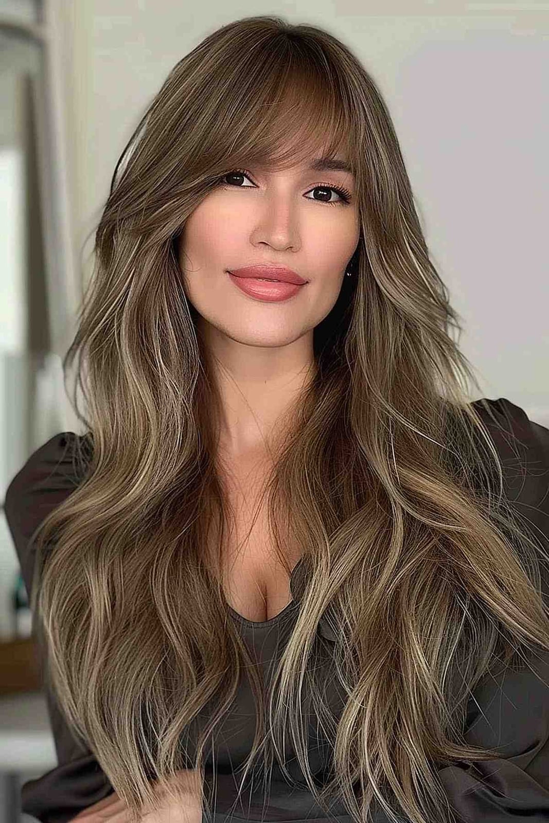Long Layered Hair With Striking Side Bangs Long Layered Hair With Striking Side Bangs — Simple Side Part Bangs