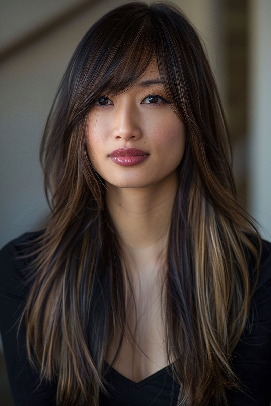 Long Layered Dark Brown With Subtle Highlights Long Layered Dark Brown With Subtle Highlights — Simple Side Part Bangs
