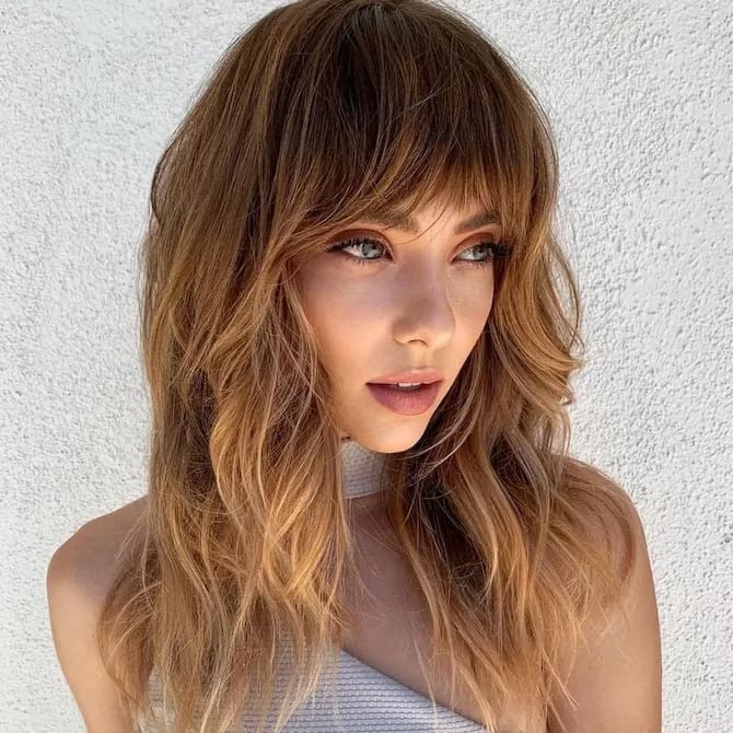 Medium Brown Shag With Wavy Layers Medium Brown Shag With Wavy Layers — Simple Side Part Bangs