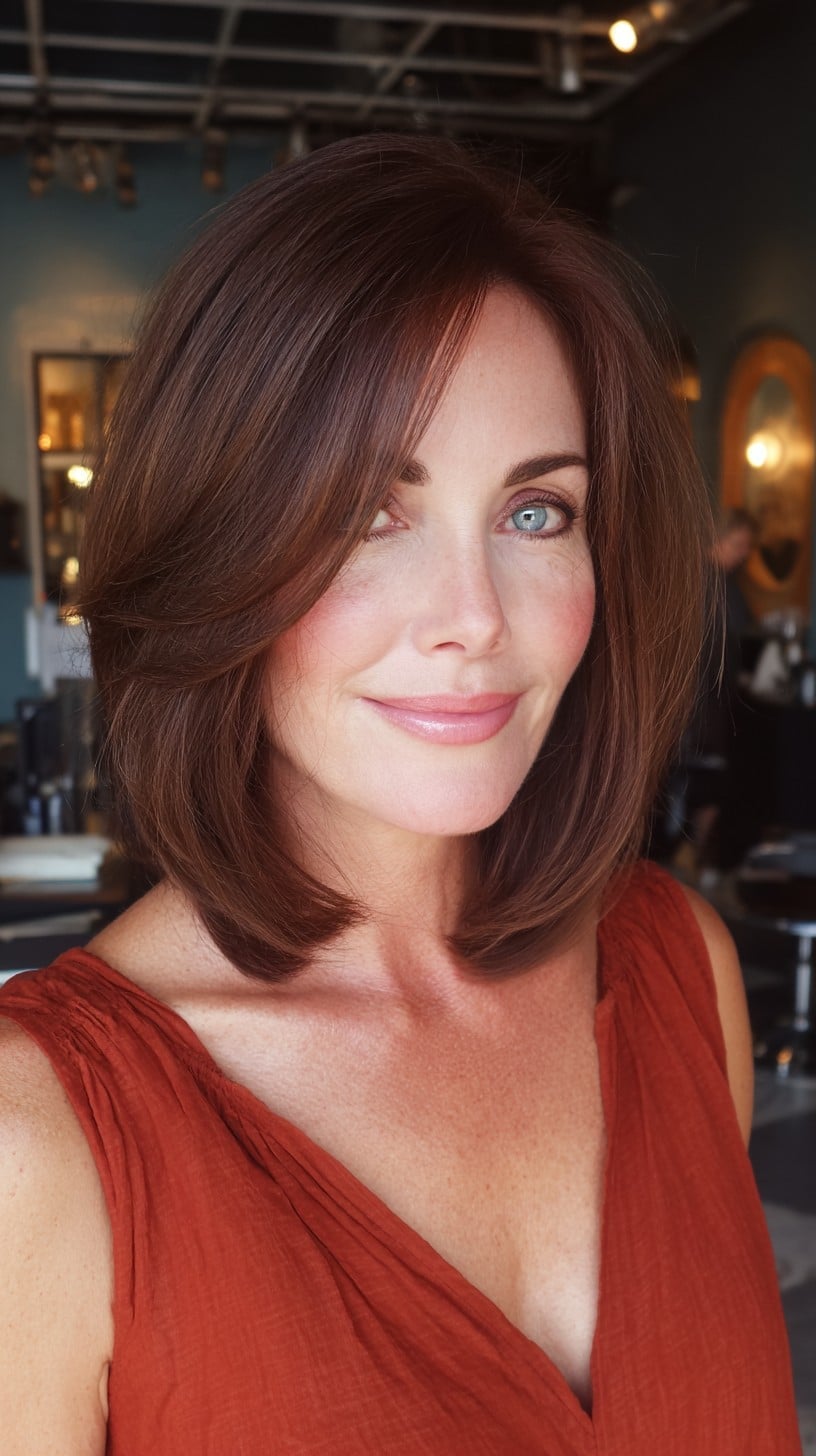 Collarbone Bob With Curtain Bangs, Medium Brown With Subtle Highlights — Simple Side Part Hairstyles