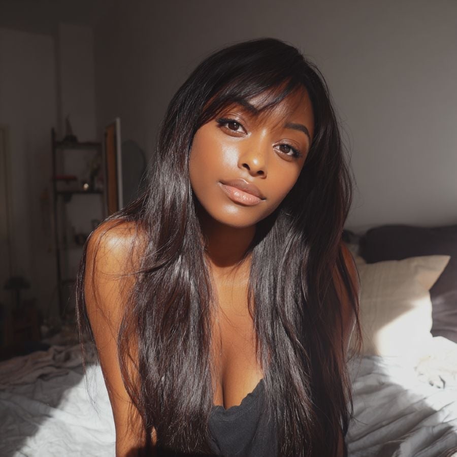 Mid-Back Dark Brown With Curtain Bangs — Simple Silk Press Hairstyles