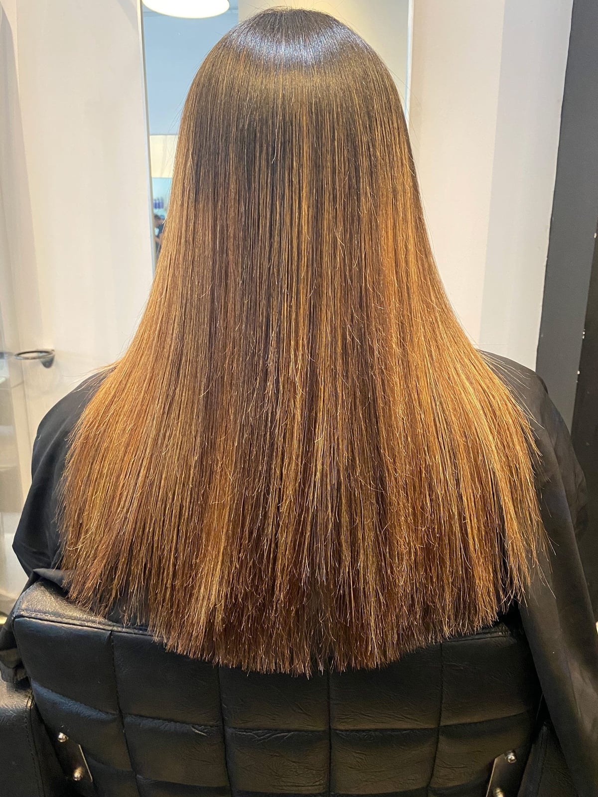 Mid-Back Brown Blunt Cut Highlights — Simple Silk Press Hairstyles