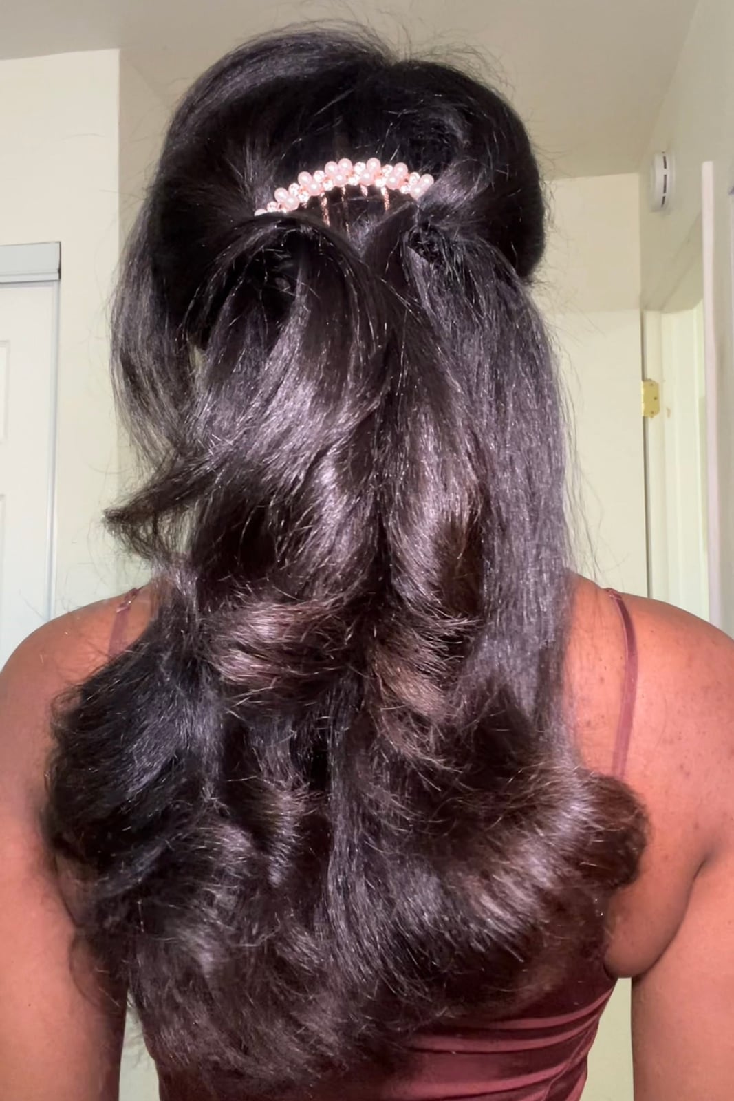 Mid-Back Dark Brown Half Updo — Simple Silk Press Hairstyles
