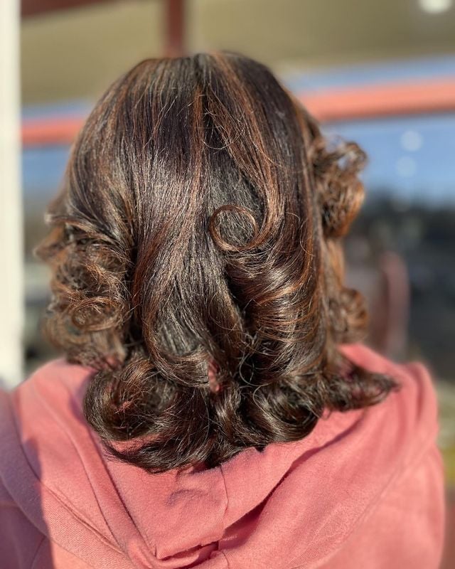 Collarbone Dark Brown Auburn Highlights Curls — Simple Silk Press Hairstyles