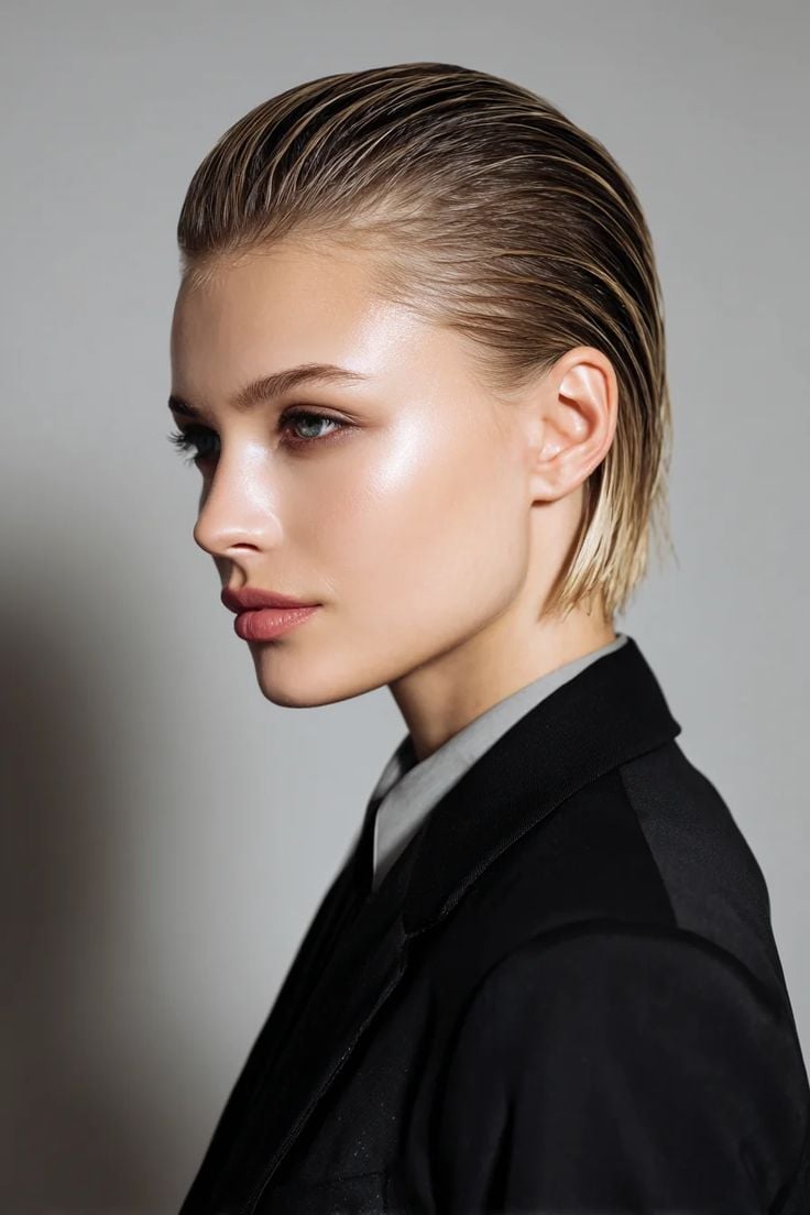 Ash Blonde Pixie Slicked Back Wet Look Ash Blonde Pixie Slicked Back Wet Look — Simple Slicked Back Hair