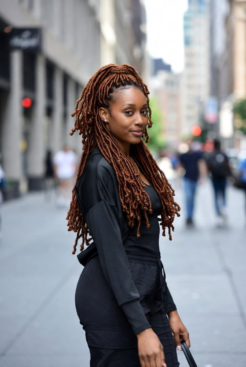 Shoulder Length Copper Faux Locs High Ponytail Shoulder Length Copper Faux Locs High Ponytail — Simple Soft Locs Hairstyles