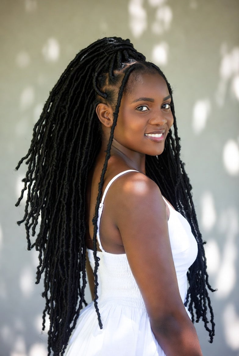 Mid-Back Black Faux Locs High Ponytail, Close-Up Take Mid-Back Black Faux Locs High Ponytail, Close-Up Take — Simple Soft Locs Hairstyles