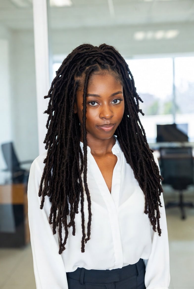 Mid-Back Dark Brown Faux Locs Loose Mid-Back Dark Brown Faux Locs Loose — Simple Soft Locs Hairstyles