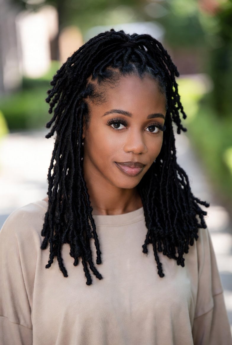 Wavy Shoulder Length Black Faux Locs Loose Wavy Shoulder Length Black Faux Locs Loose — Simple Soft Locs Hairstyles