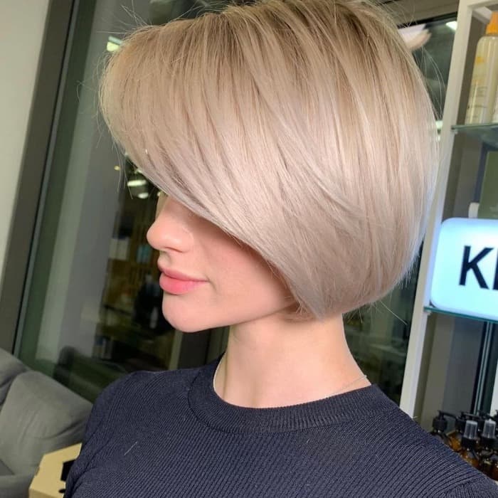 Ash Blonde Stacked Bob Side Swept Fringe — Simple Stacked Bob