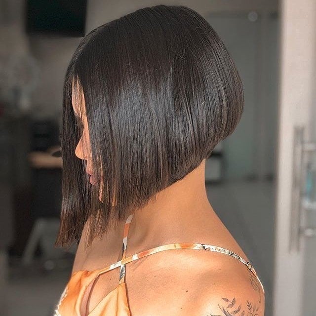 Sleek Dark Brown Angled Stacked Bob — Simple Stacked Bob