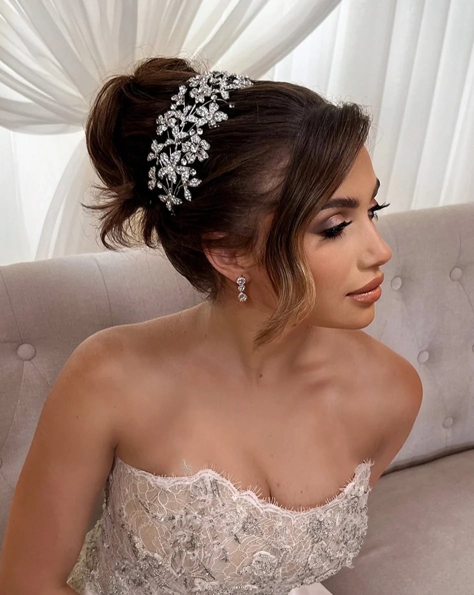Dark Brown Low Bun With Statement Headband — Simple Strapless Dresses Hairstyles