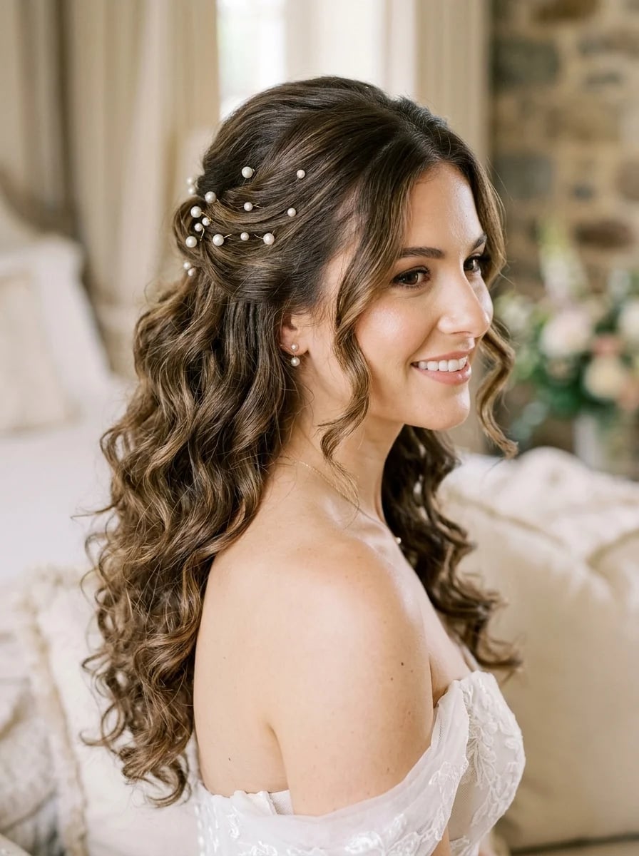 Mid-Back Half-Up Half-Down With Pearls — Simple Strapless Dresses Hairstyles