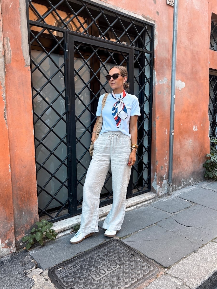 Graphic t-shirt with linen trousers and scarf, White Espadrille Flats — Simple Street Style Outfits