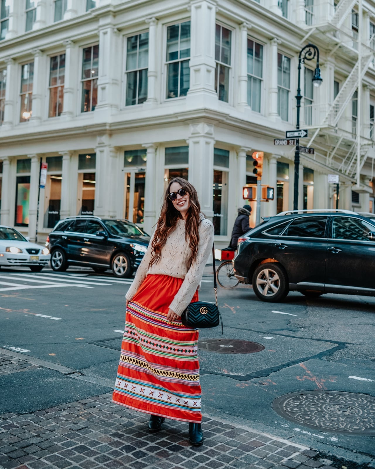 Cable knit sweater with striped maxi skirt, Black Ankle Boots — Simple Street Style Outfits