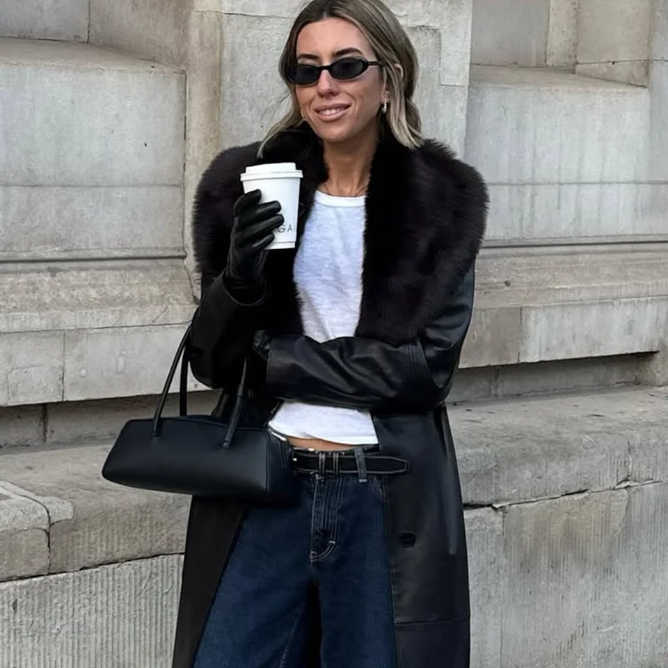 Faux fur collar coat with wide leg jeans — Simple Street Style Outfits