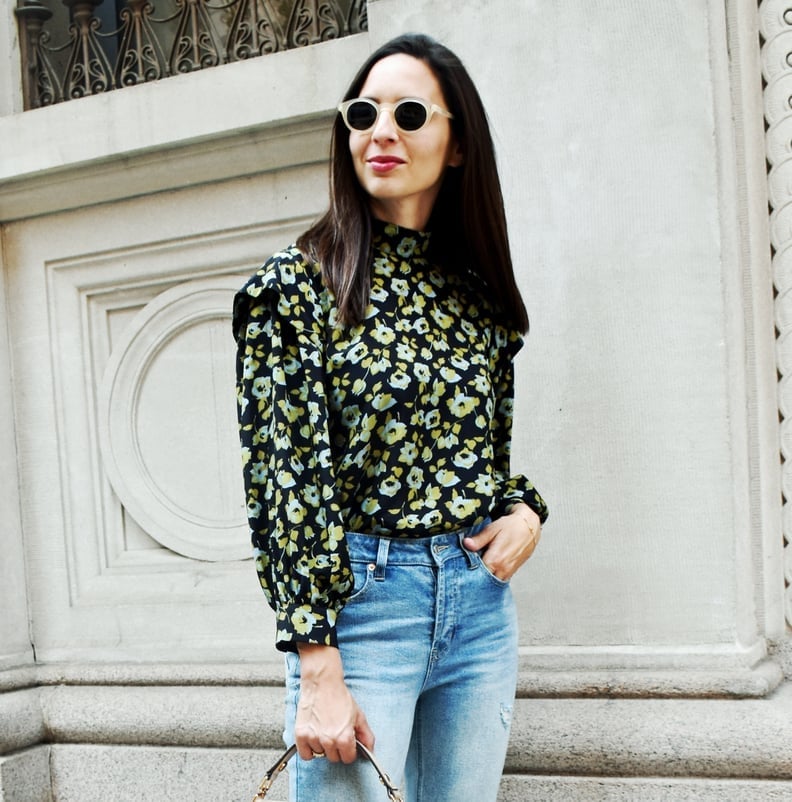 Floral blouse with distressed denim jeans, Close-Up Take — Simple Street Style Outfits
