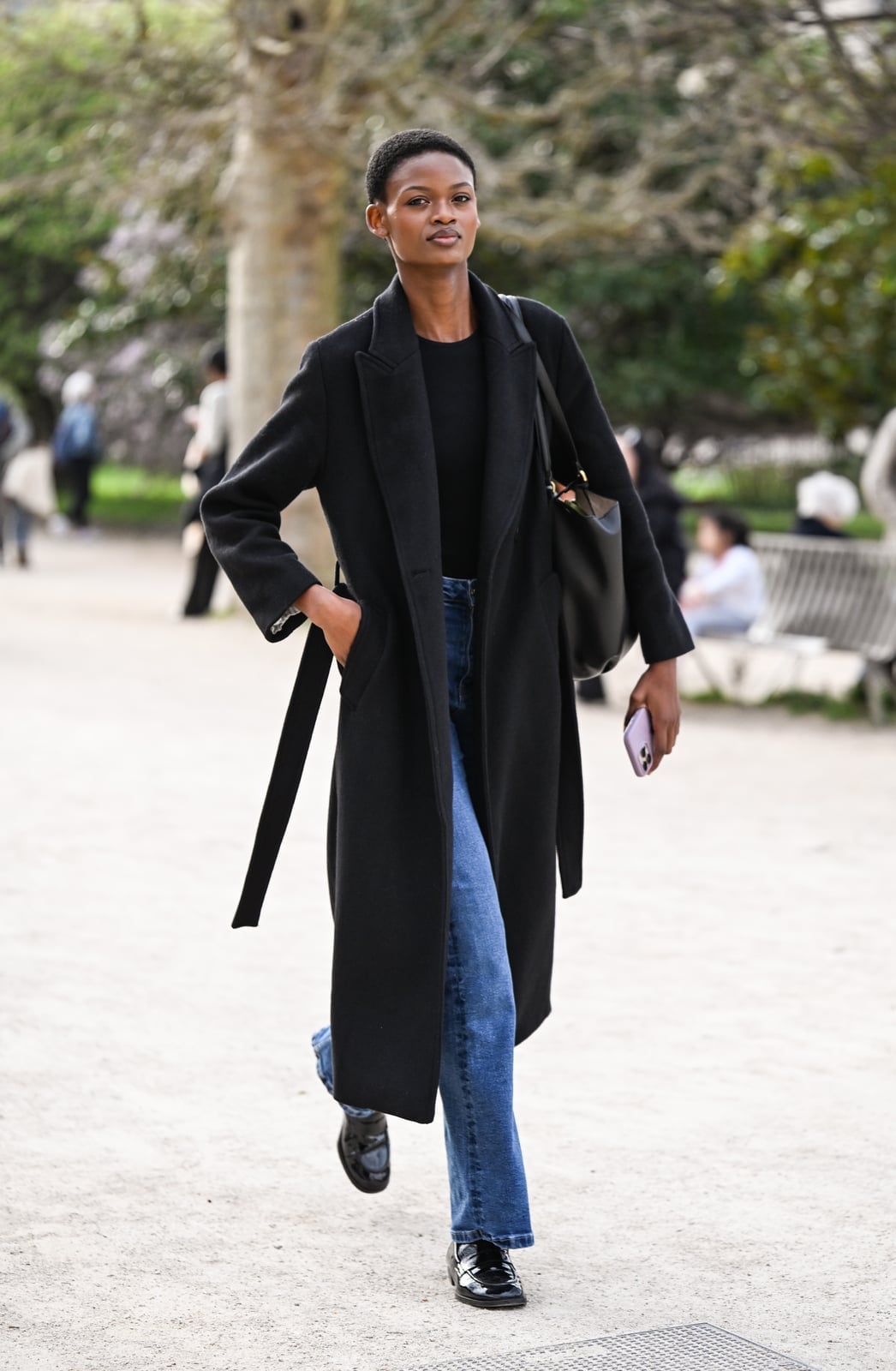 Long belted wool coat over denim and loafers, Black Crew Neck Top — Simple Street Style Outfits