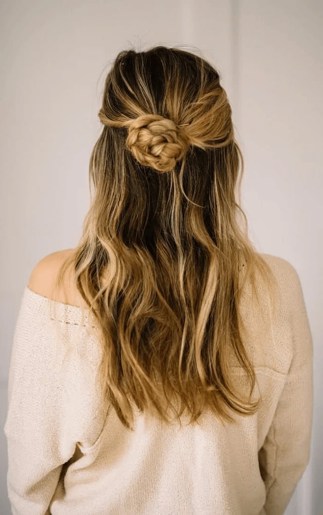 Half Up Half Down With Braided Knot Dark Blonde — Simple Trending Hairstyle