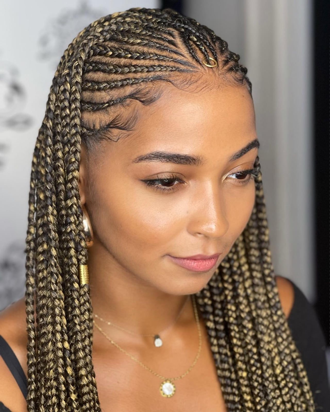 Mid-Back Two-Tone Braids With Geometric Scalp Design — Simple Tribal Braids Hairstyles