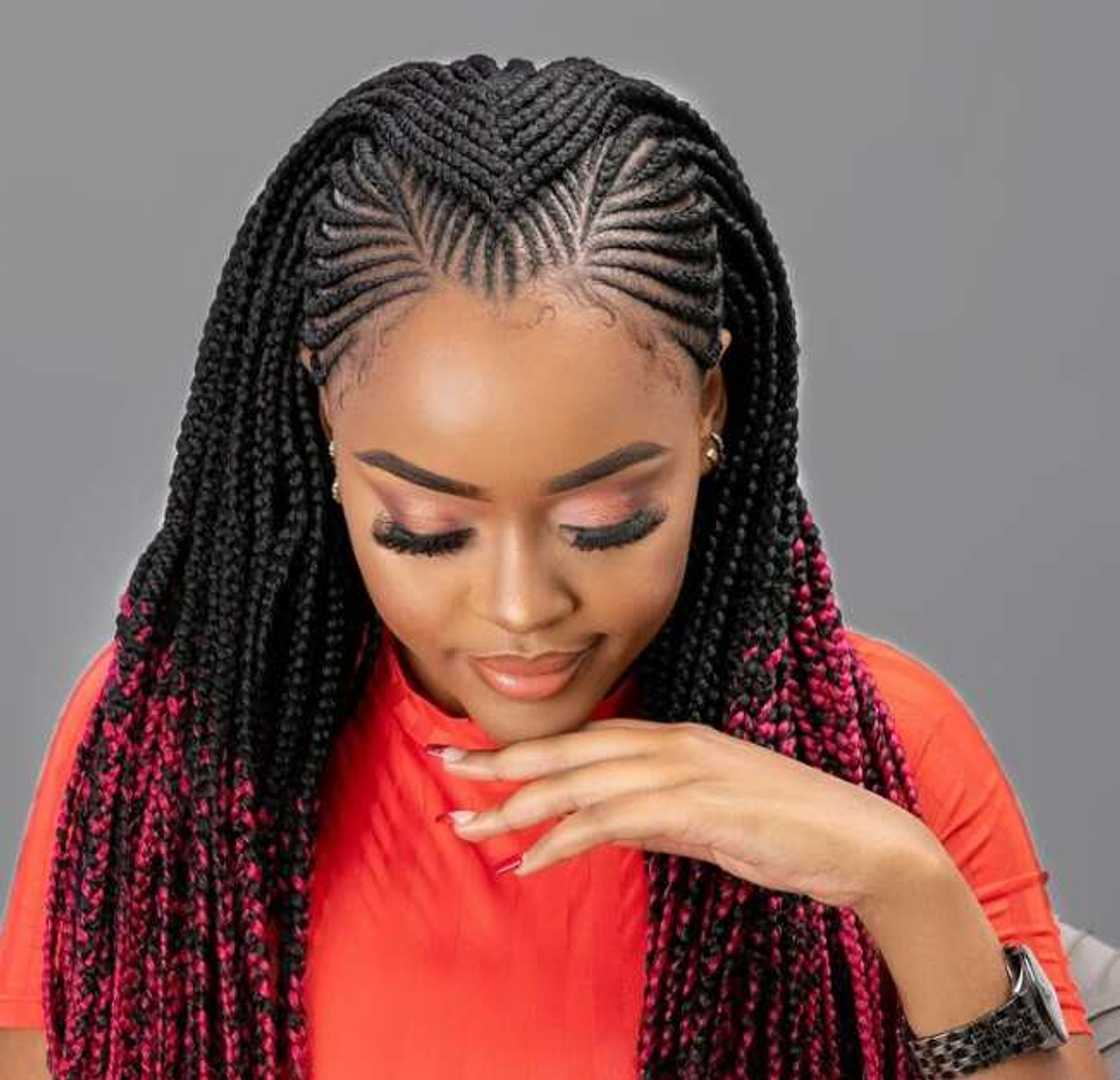 Mid-Back Box Braids With Pink Tips — Simple Tribal Braids Hairstyles