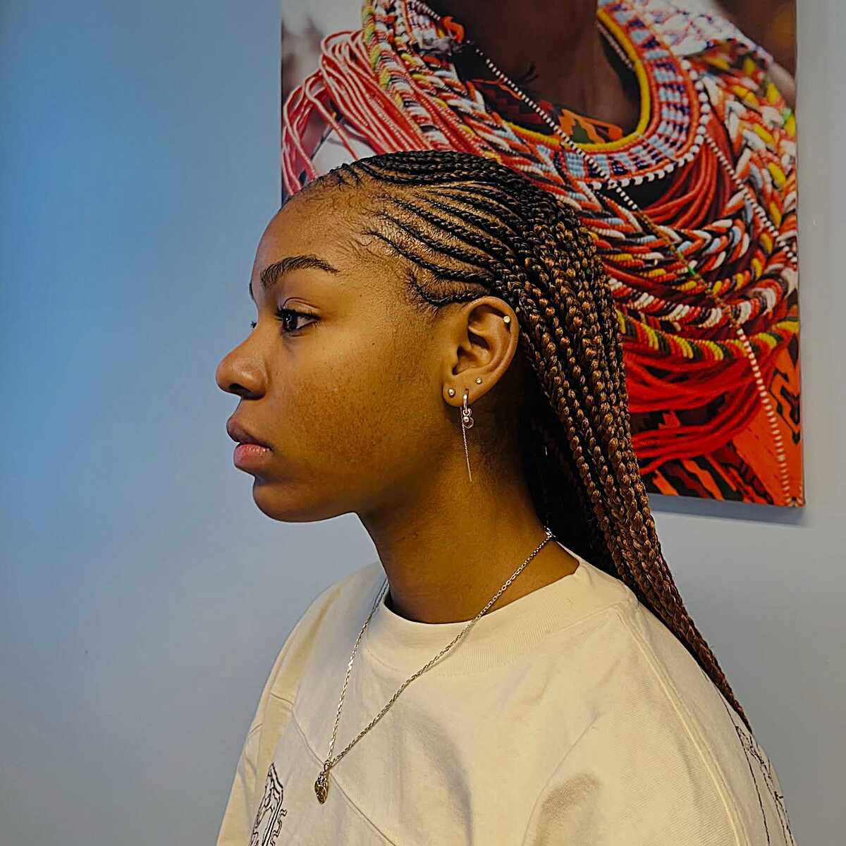 Mid-Back Cornrow Braids With Brown Highlights — Simple Tribal Braids Hairstyles