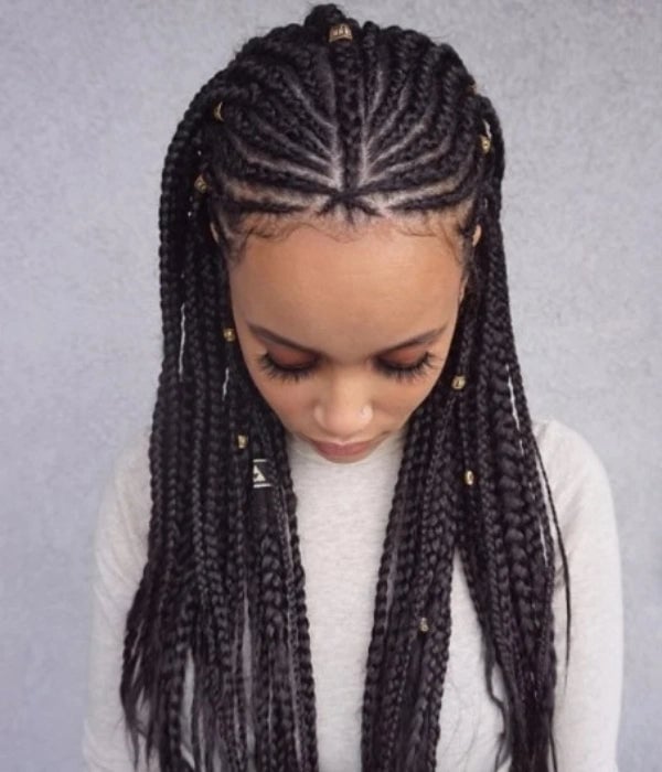 Mid-Back Braids With Golden Beads And Cuffs — Simple Tribal Braids Hairstyles