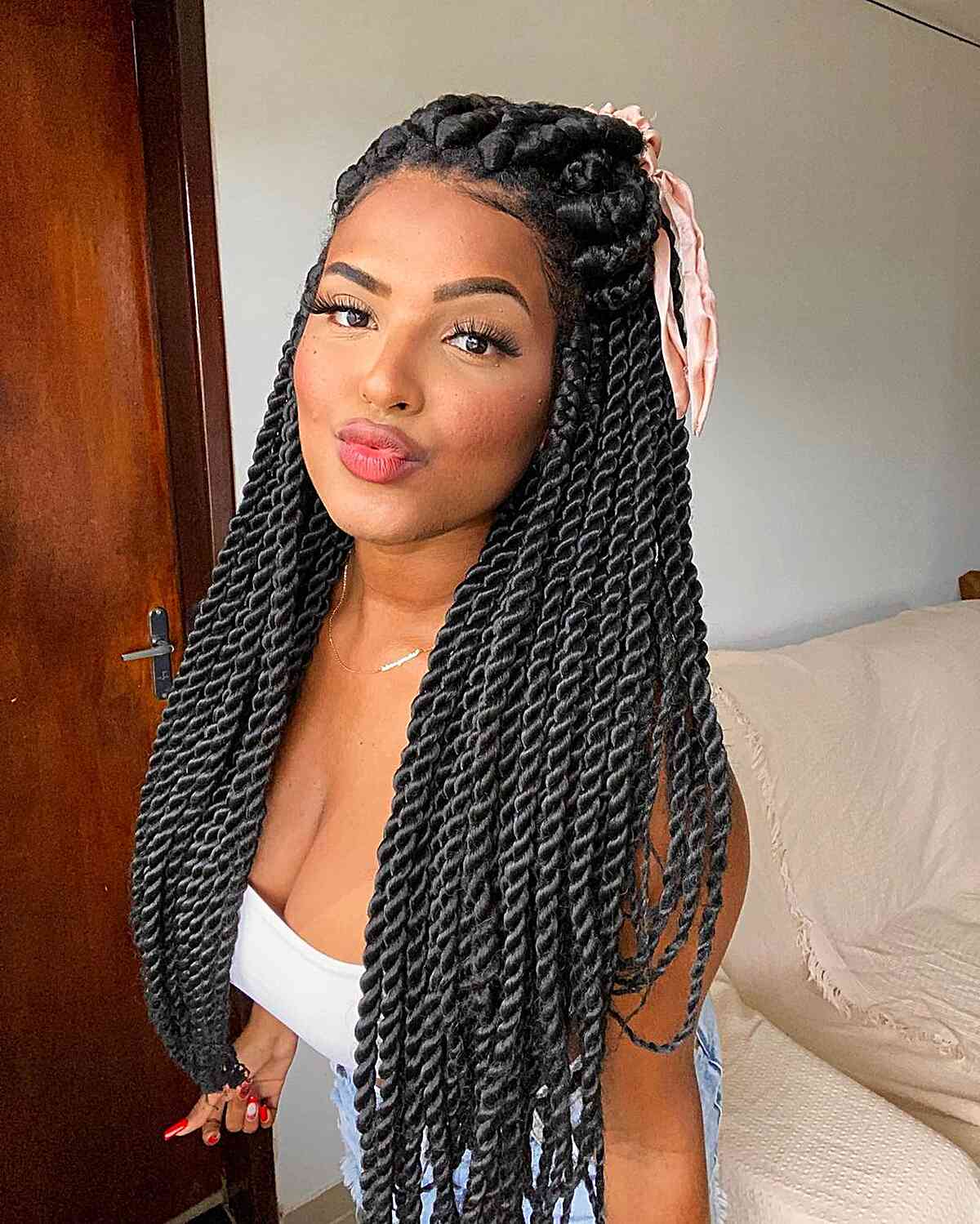 Long Black Twist Braids With Pink Ribbon — Simple Twist Hairstyles