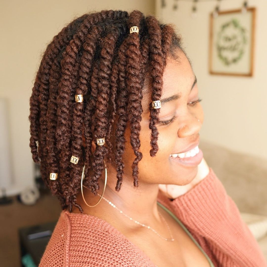 Brown Two-Strand Twists With Gold Beads — Simple Twist Hairstyles