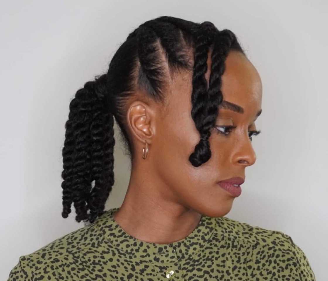 Black Flat Twists Into A Low Ponytail — Simple Twist Hairstyles