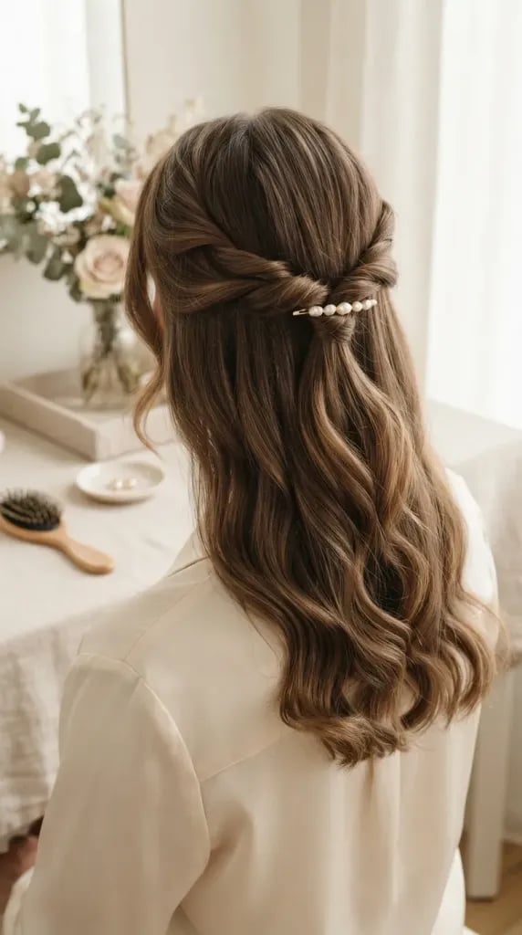 Wavy Twisted Half-Up With Pearl Clip — Simple Twisted Styles