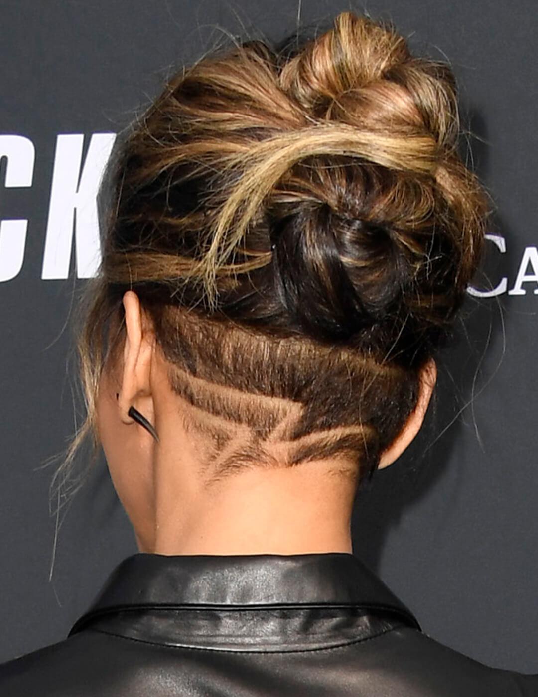 Blonde And Brown Highlights Top Knot With Geometric Undercut — Simple Undercut Hairstyles