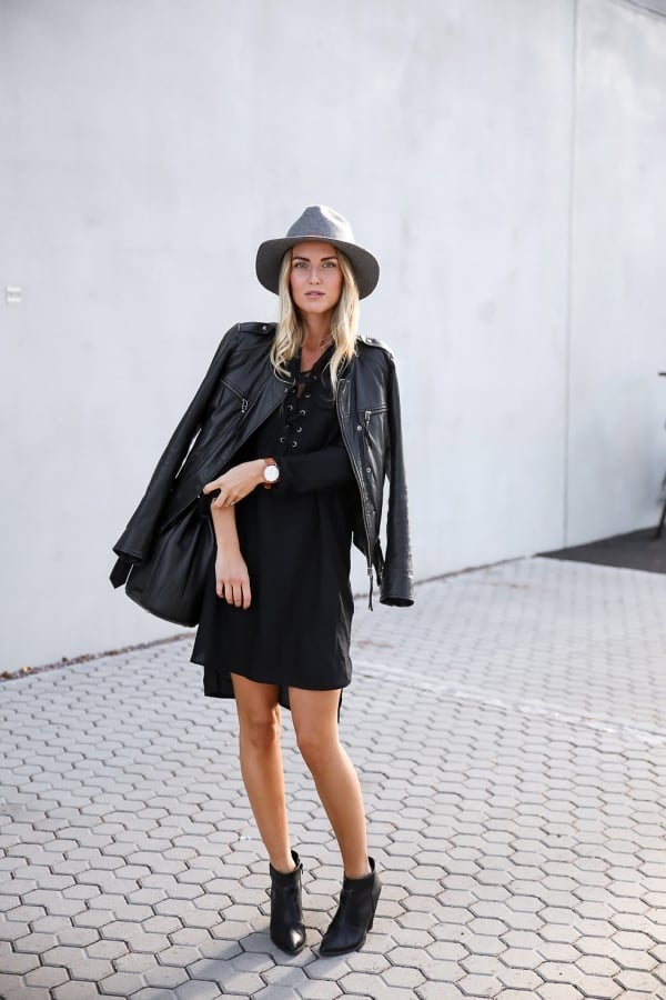 Black mini dress with lace-up front and leather jacket Black mini dress with lace-up front and leather jacket — Simple Up Dress