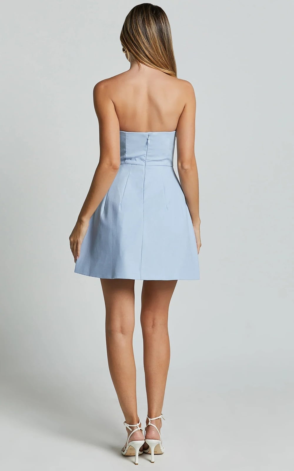 Light blue strapless A-line mini dress from back, White Heels Light blue strapless A-line mini dress from back, White Heels — Simple Up Dress