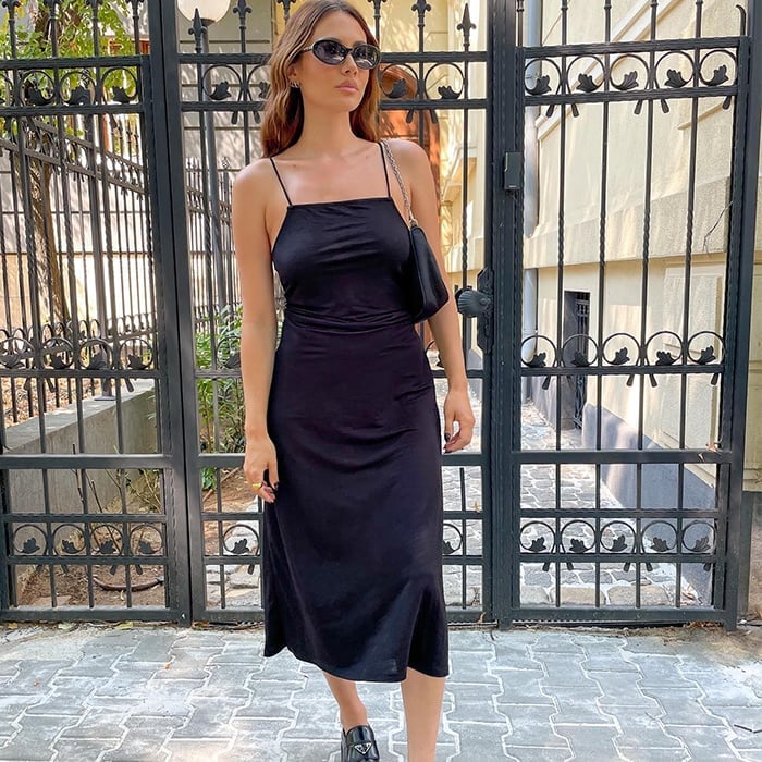 Black satin slip dress with base layer Black satin slip dress with base layer — Simple Up Dress