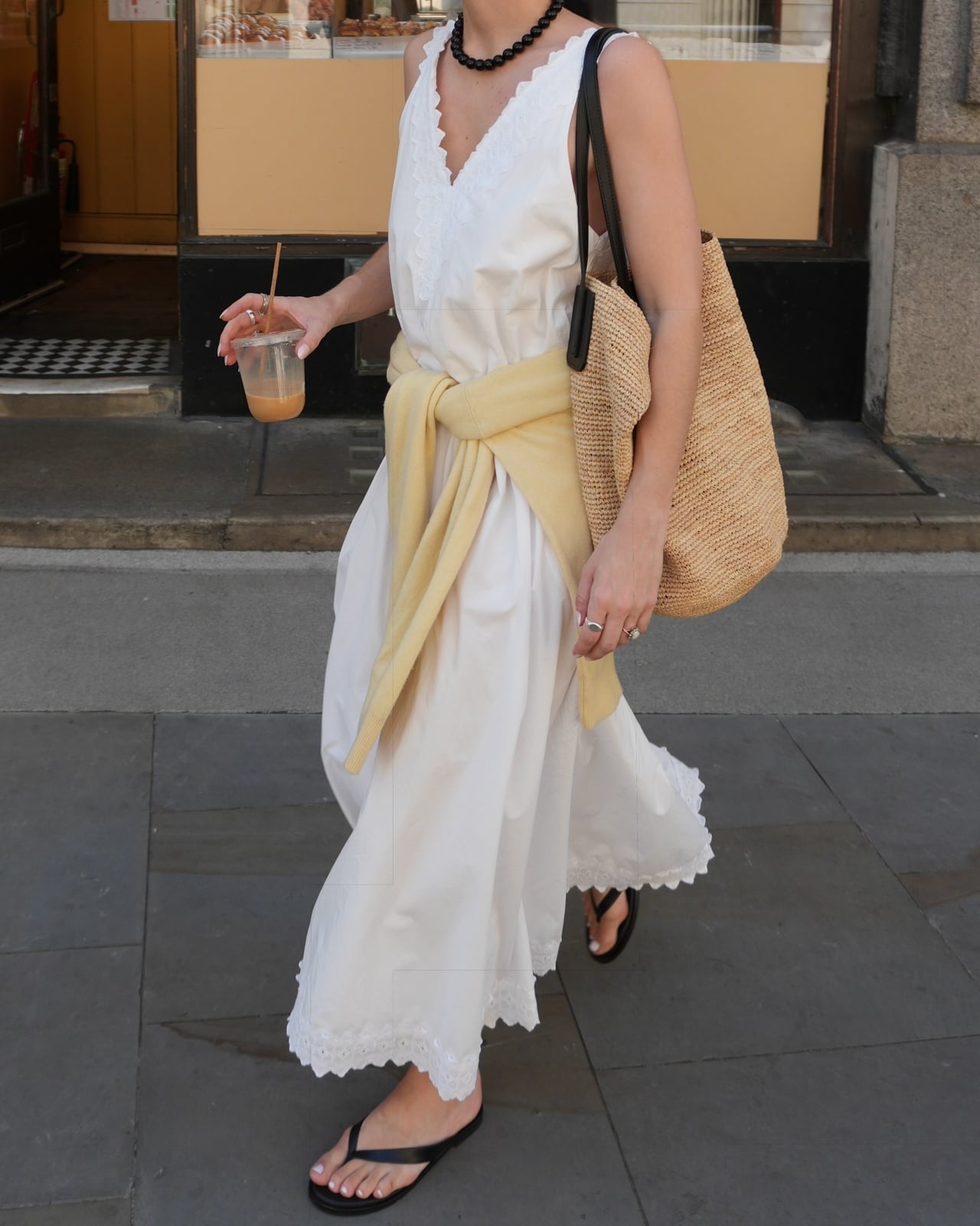 White midi dress with lace trim and yellow sweater White midi dress with lace trim and yellow sweater — Simple Up Dress