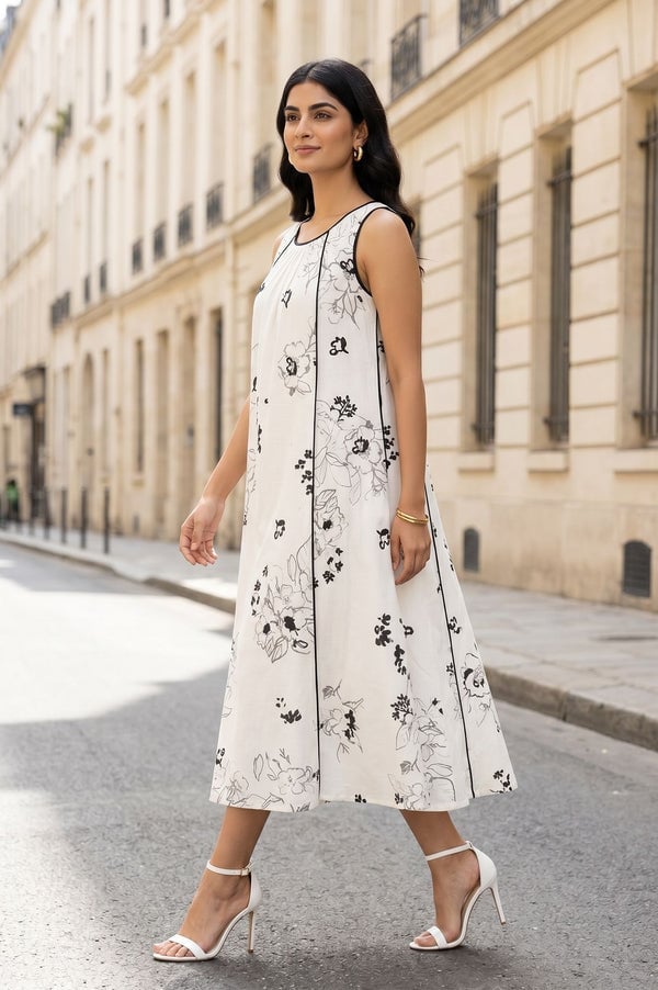 White midi dress with black floral outline print White midi dress with black floral outline print — Simple Up Dress